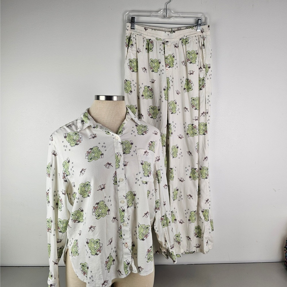 Aerie Disney Kermit the Frog Pajama Set White Button Down Shirt Pants Small
